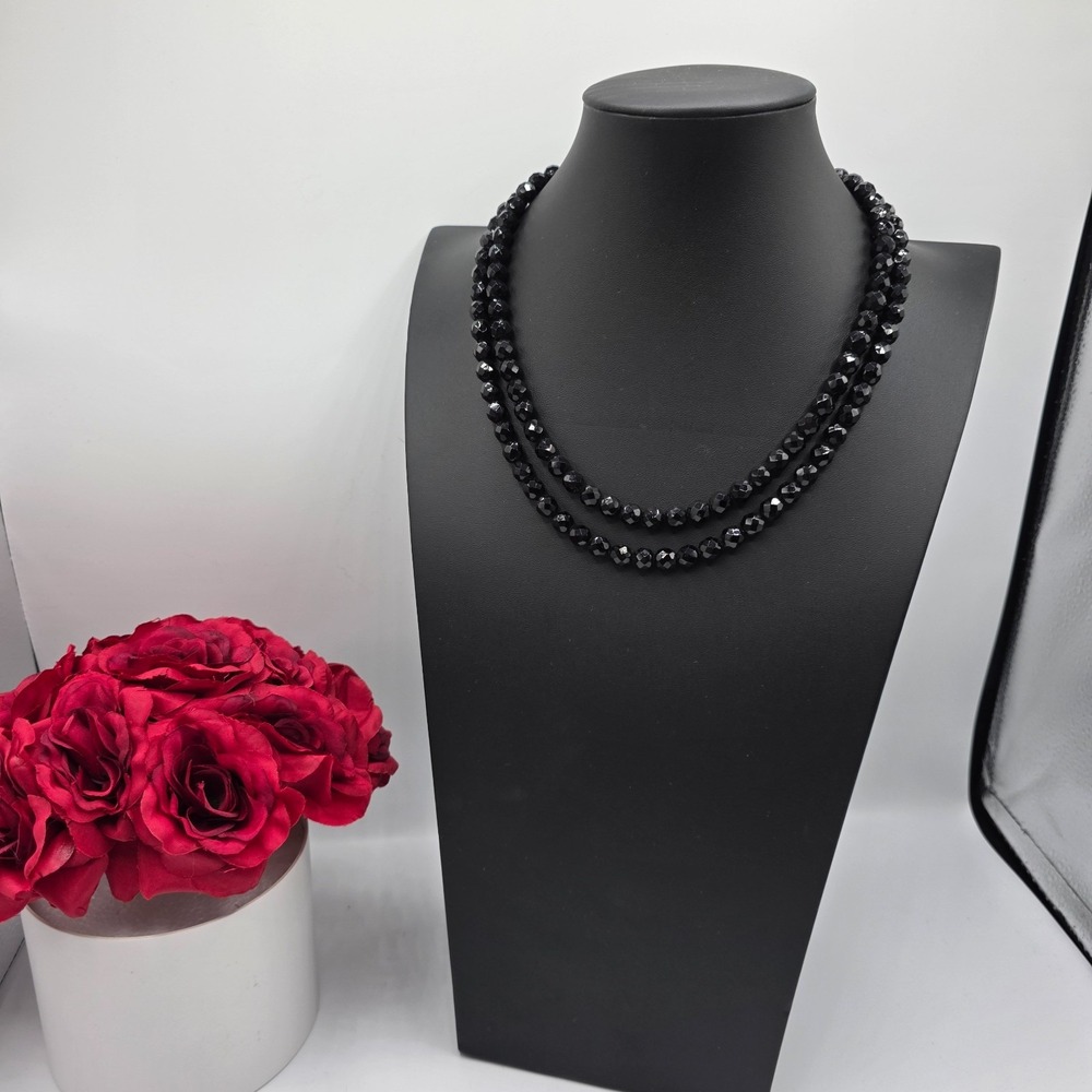 Womens Silver Tone Chain Two Strand Black Beaded‎ Statement Class Necklace 22"
